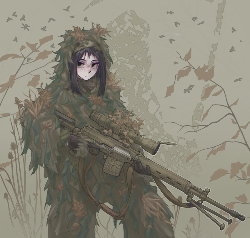 1girl belt bipod bird black_hair brown_gloves closed_mouth commentary cowboy_shot dragunov_svd expressionless freckles ghillie_suit gloves green_eyes gun gunbelt highres holding holding_gun holding_weapon original rifle russian_commentary scope simple_bird sniper_rifle solo trigger_discipline vegetation weapon zap-nik