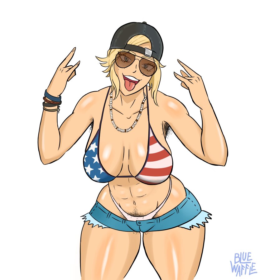 1girl abs absurdres american_flag american_flag_bikini american_flag_print armpit_hair artist_name backwards_hat bikini black_hat blonde_hair blue_eyes blue_shorts blue_waffle breasts brown-tinted_eyewear cameltoe denim denim_shorts flag_print flag_print_bikini freckles grand_theft_auto grand_theft_auto_vi hat highres jewelry large_breasts looking_at_viewer necklace open_mouth print_bikini pubic_hair redneck_girl_(gta_vi) short_hair short_shorts shorts signature simple_background solo sunglasses swimsuit teeth tinted_eyewear tongue tongue_out upper_teeth_only white_background