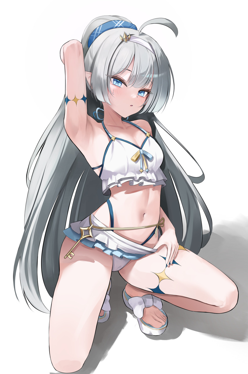 1girl absurdres ahoge arm_behind_head arm_strap arm_up armpits bare_shoulders bikini bikini_ribbon blue_eyes blue_hairband blunt_ends blush breasts collarbone commentary feet female_tyrant_(stella_sora) frilled_bikini frills grey_hair hair_ornament hairband halterneck highres key legs long_hair looking_at_viewer mikiri navel parted_lips pointy_ears ribbon sandals simple_background small_breasts solo squatting star_(symbol) stella_sora stomach sweat swimsuit symbol-shaped_pupils thigh_strap thighs toes two-tone_ribbon tyrant_(stella_sora) very_long_hair white_background white_bikini