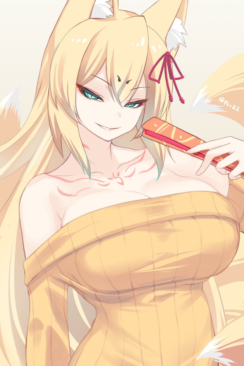1girl absurdres alternate_form animal_ear_fluff animal_ears blonde_hair breasts chest_tattoo cleavage commentary_request eyeshadow folding_fan fox_ears fox_girl fox_tail green_eyes hair_between_eyes hair_ribbon half-closed_eyes hand_fan highres holding holding_fan kitsune large_breasts long_hair looking_at_viewer makeup mon-musu_quest! mon-musu_quest:_paradox monster_girl multiple_tails neck_tattoo off-shoulder_sweater off_shoulder parted_lips red_eyeshadow red_ribbon ribbon shiki_(psychedelic_g2) simple_background slit_pupils smile solo spoilers sweater tail tamamo_(mon-musu_quest!) tattoo twitter_username upper_body white_background yellow_sweater