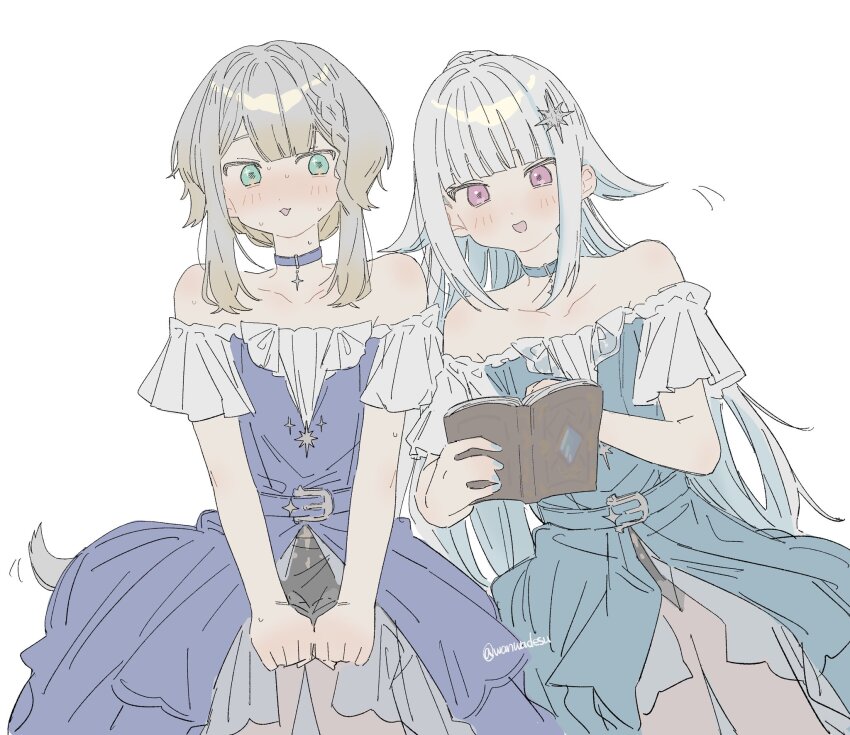 2girls animal_ears blue_choker blue_dress blue_hair blush choker dog_ears dog_girl dog_tail dress green_eyes grey_hair hair_ornament highres lize_helesta long_hair medium_hair multicolored_hair multiple_girls nijisanji off-shoulder_dress off_shoulder pastel_colors pink_eyes purple_choker purple_dress shioriha_ruri simple_background tail tail_wagging two-tone_hair virtual_youtuber wanwa white_background white_hair