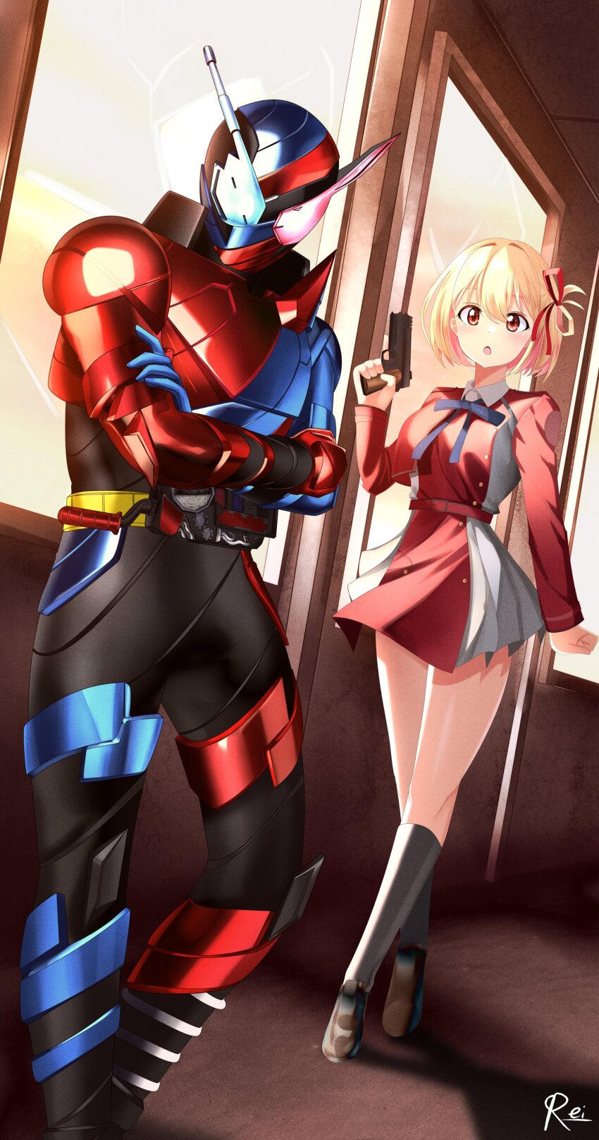 1boy 1girl absurdres armor black_bodysuit blonde_hair blue_eyes bob_cut bodysuit boots build_driver crossover dress rider_belt fullbottle gloves gun hair_between_eyes hair_ribbon helmet heterochromia highres holding holding_gun holding_weapon kamen_rider kamen_rider_build kamen_rider_build_(series) looking_at_viewer lycoris_recoil lycoris_uniform nishikigi_chisato pleated_dress rabbit+tank_form red_eyes red_ribbon reiei_8 ribbon rider_belt short_hair shoulder_armor tokusatsu trigger_discipline two-tone_dress weapon window