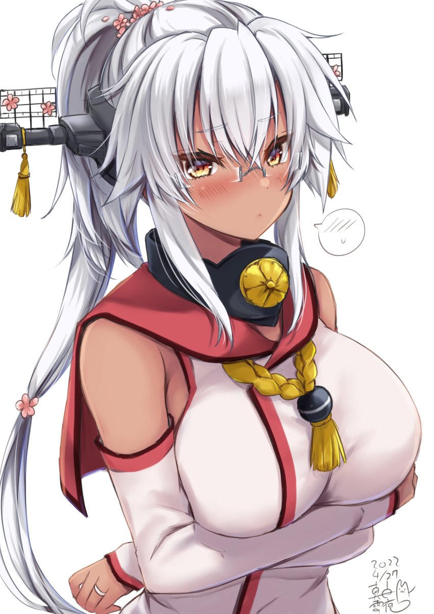 1girl absurdres alternate_hairstyle blush breasts brown_eyes cosplay crossed_arms dark-skinned_female dark_skin detached_sleeves embarrassed glasses headgear highres kantai_collection large_breasts long_hair looking_at_viewer mashiro_yukiya musashi_(kancolle) ponytail sailor_collar silver_hair simple_background solo spoken_blush white_background yamato_(kancolle) yamato_(kancolle)_(cosplay)