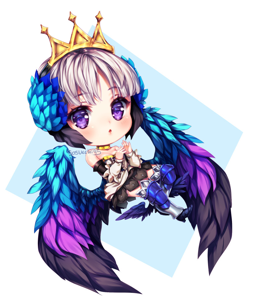 1girl armored_boots artist_name bare_shoulders black_wings blue_wings blush boots chestnut_mouth chibi chibi_only commentary commission dress english_commentary feathered_wings full_body gold_choker gold_tiara gwendolyn_(odin_sphere) highres leg_wings long_sleeves looking_at_viewer multicolored_wings odin_sphere open_mouth own_hands_together purple_eyes purple_wings sasucchi95 short_hair simple_background solo strapless strapless_dress tiara white_hair wings