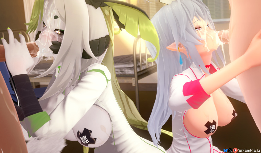 2boys 2girls 3d arthropod_girl black_sclera blowing_bubbles blue_eyes breasts bug bukkake choker cleavage clothes_writing coat colored_sclera colored_skin condom covered_erect_nipples cum cum_in_mouth cum_on_body cum_on_breasts cum_on_upper_body cumdrip curvy dark-skinned_male dark_skin drooling facial fellatio ffmm_foursome garter_belt garter_straps geega_(vtuber) glasses green_hair grey_hair grey_skin group_sex handjob hat heart heart-shaped_pupils hetero heterochromia highres hot indie_virtual_youtuber insect_wings interracial interspecies irrumatio juniper_actias large_breasts light_rays makeup mandibles medium_breasts mouth_drool multiple_boys multiple_girls nurse nurse_cap open_clothes open_coat open_mouth oral orgasm orgasm_from_oral pale_skin pasties penis red_eyes runny_makeup sex sexually_suggestive spamkaju sunbeam sunlight symbol-shaped_pupils tape tape_on_nipples thick_thighs thighhighs thighs used_condom virtual_youtuber vshojo wings yellow_eyes