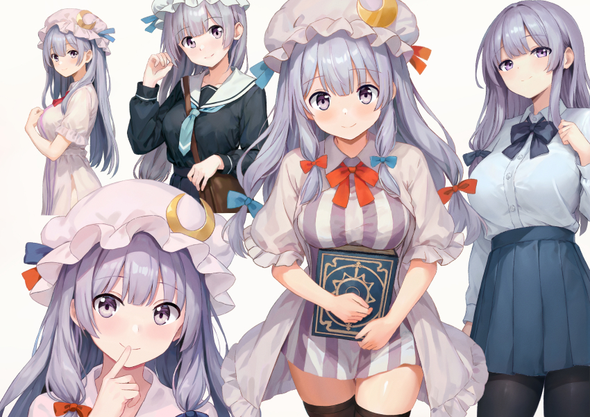 1girl absurdres alternate_costume aqua_neckerchief bag black_shirt black_thighhighs blue_bow blue_skirt book bow bowtie breasts buttons collarbone commentary_request contemporary crescent crescent_hat_ornament cropped_legs dress_shirt finger_to_mouth floating_hair hair_bow hand_on_own_chest hat hat_bow hat_ornament high-waist_skirt highres holding holding_bag holding_book hoshimi_tooni long_hair looking_at_viewer medium_breasts mob_cap multiple_hair_bows multiple_views neckerchief pantyhose patchouli_knowledge pink_hat pleated_skirt purple_bow purple_bowtie purple_eyes purple_hair red_bow red_bowtie sailor_collar school_uniform shirt shoulder_bag shushing skirt smile tareme thighhighs touhou white_background white_hat white_sailor_collar white_shirt