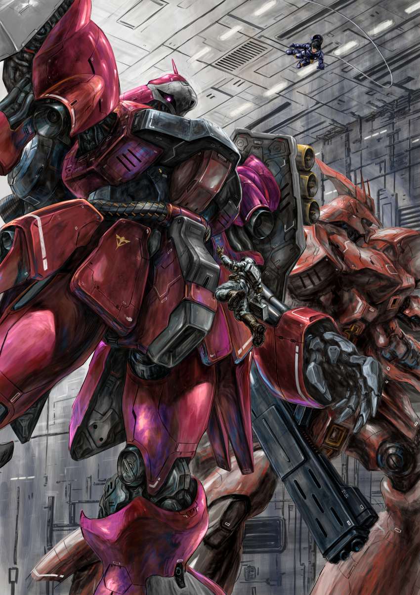 1boy 1girl absurdres beam_rifle cable char&#039;s_counterattack color_variation commentary_request derivative_work energy_gun gundam gyunei_guss hangar highres jagd_doga_quess_custom machinery mecha mecha_focus mecha_pilot_suit mobile_suit monochrome neo_zeon one-eyed quess_paraya realistic robot roundel sazabi science_fiction shield spacecraft_interior spacesuit weapon zandan_zero_to_na!?