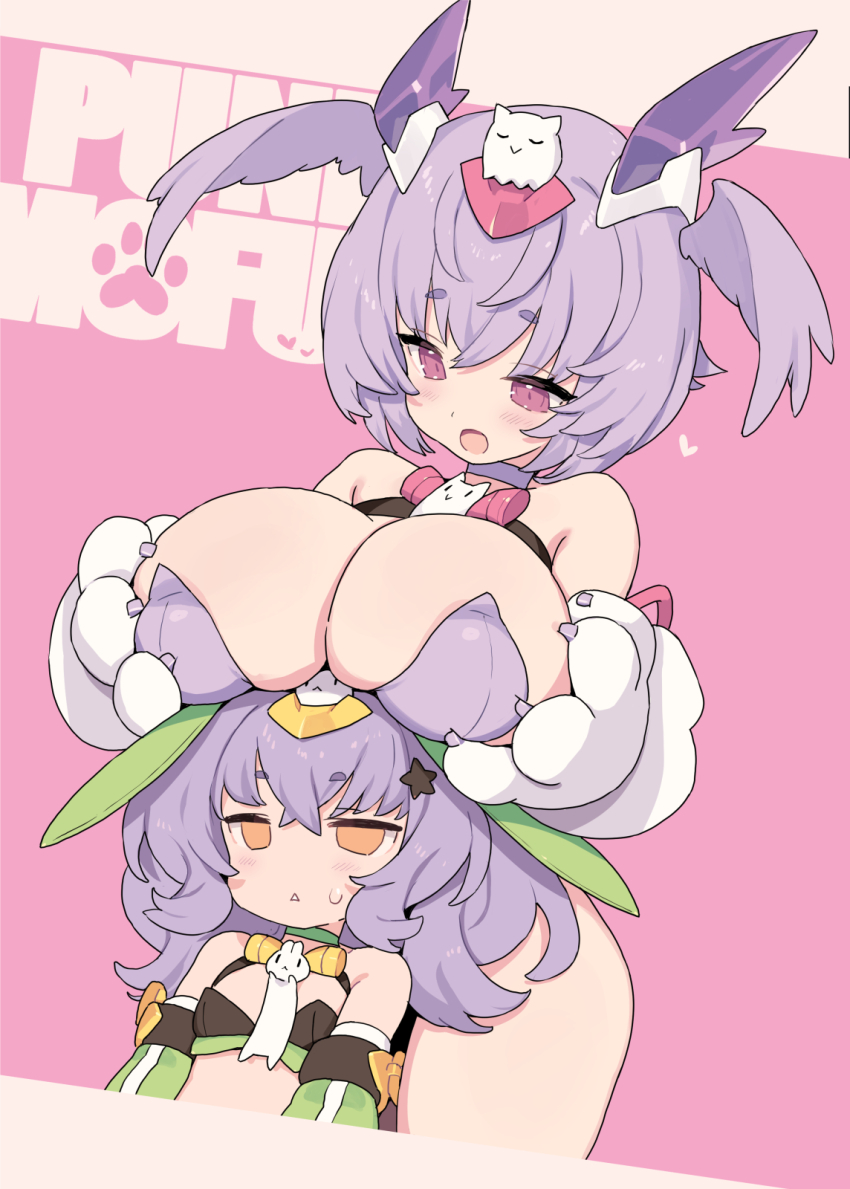 2girls animal_ears animal_hands bandeau bare_shoulders black_bandeau blade_(galaxist) breast_rest breasts breasts_on_head choker commentary_request crossed_bangs detached_sleeves ears_down gloves grabbing_own_breast green_choker green_sleeves hair_between_eyes hair_ornament head_wings headgear highres huge_breasts jitome leotard looking_at_another medium_hair megami_device midriff multiple_girls open_mouth orange_eyes paw_gloves pink_background pink_eyes puni_mofu_tu puni_mofu_xiao purple_choker purple_hair purple_leotard purple_wings rabbit_ears rabbit_hair_ornament small_breasts smile star_(symbol) star_hair_ornament strapless strapless_leotard sweat triangle_mouth white_gloves wide_hips wings