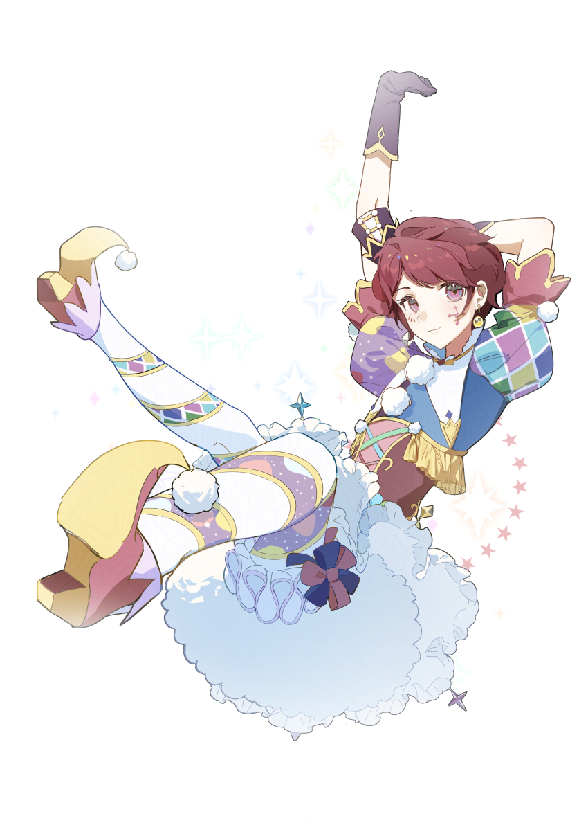 1girl absurdres aikatsu!_(series) arm_behind_head arm_up asymmetrical_sleeves black_gloves blue_shirt boots brown_corset brown_hair character_request closed_mouth collar commentary_request corset cross-laced_clothes cross-laced_corset cross_tattoo detached_collar eyelashes facial_tattoo falling frilled_collar frilled_skirt frilled_sleeves frilled_thigh_strap frills full_body gloves happy high_collar high_heel_boots high_heels highres idol light_blush looking_at_viewer miniskirt mismatched_sleeves morgue_(southsakura) multicolored_sleeves petticoat pointy_footwear pom_pom_(clothes) purple_eyes shirt short_hair simple_background skirt smile solo sparkle star_(symbol) striped_clothes striped_thighhighs swept_bangs tattoo thigh_strap thighhighs white_background white_collar white_skirt white_thighhighs yellow_boots
