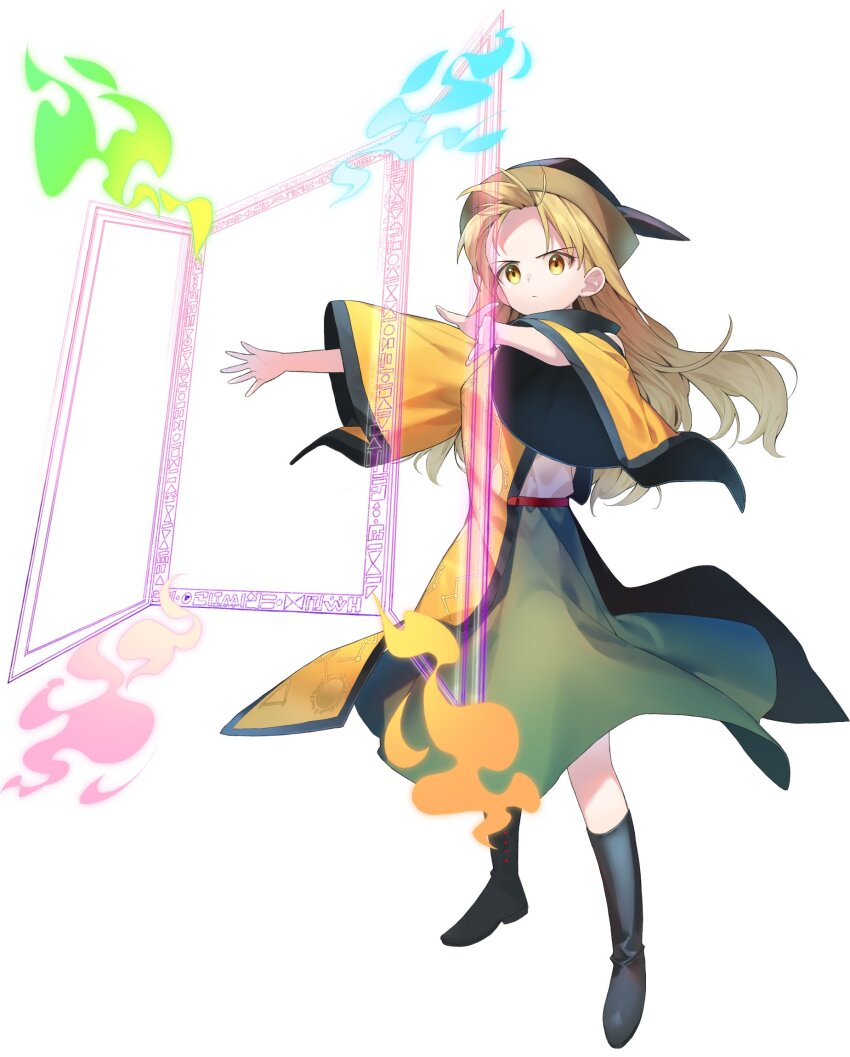 1girl blonde_hair boots closed_mouth constellation_print detached_sleeves full_body green_skirt hat highres keiki8296 long_hair long_sleeves matara_okina orange_sleeves orange_tabard simple_background skirt solo sun_print tabard touhou white_background wide_sleeves yellow_eyes