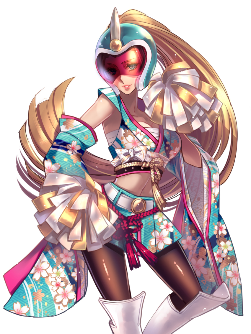 00s 1girl adapted_costume black_pantyhose blonde_hair blue_eyes boots breasts capcom crop_top detached_sleeves female_focus floral_print helmet high_ponytail highres japanese_clothes knee_boots large_breasts lipstick long_hair makeup midriff miniskirt official_art onimusha_soul pantyhose pink-tinted_eyewear pleated_skirt pom_pom_(cheerleading) ponytail sarashi sayagata sexy_silvia_(viewtiful_joe) silvia_(viewtiful_joe) skirt smile solo superhero_costume tinted_eyewear very_long_hair viewtiful_joe visor yutif