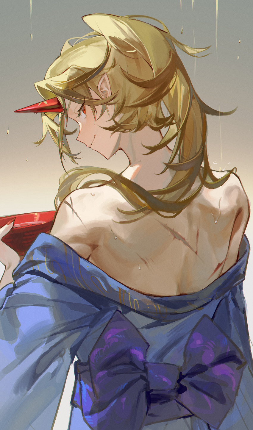 1girl absurdres back blonde_hair blue_kimono cup ender_xiaohai high_ponytail highres holding holding_cup horns hoshiguma_yuugi japanese_clothes kimono looking_at_viewer looking_back ponytail print_horns rain red_eyes red_horns scar smile solo star_(symbol) star_print touhou wet wet_clothes