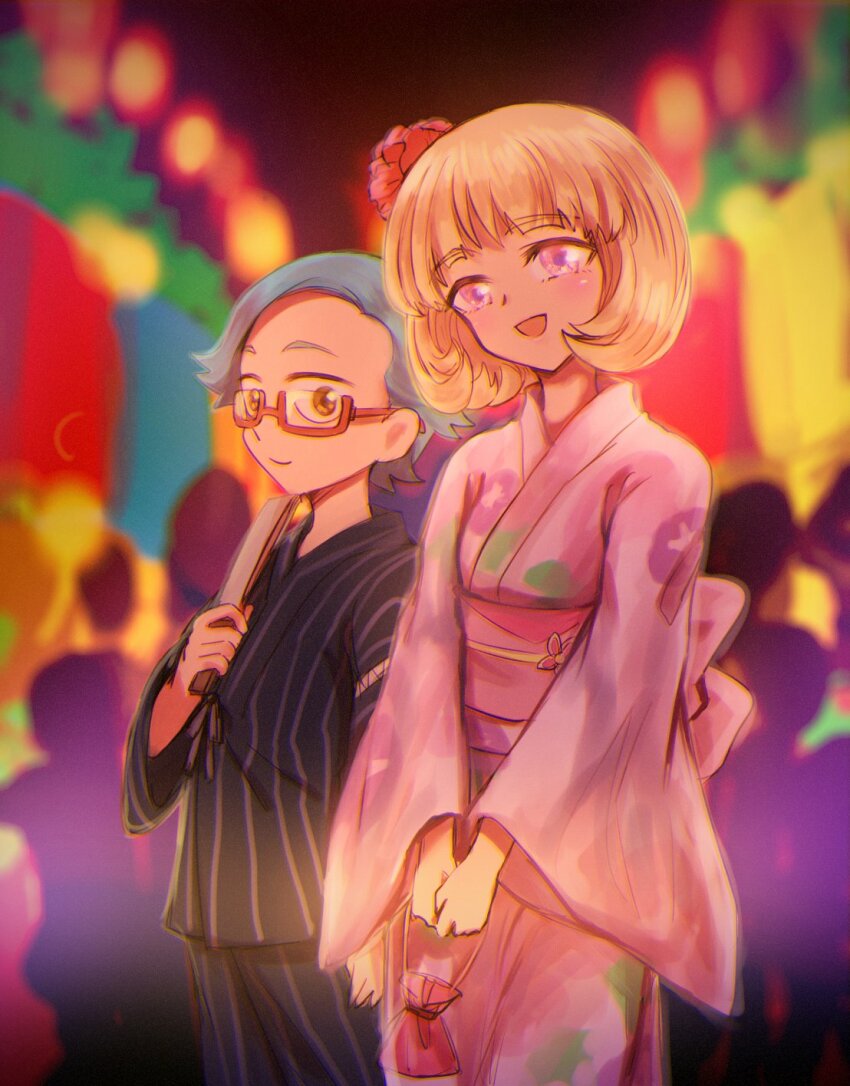 1boy 1girl digimon flower highres japanese_clothes kashiki_ai kimono short_hair wato_takeru
