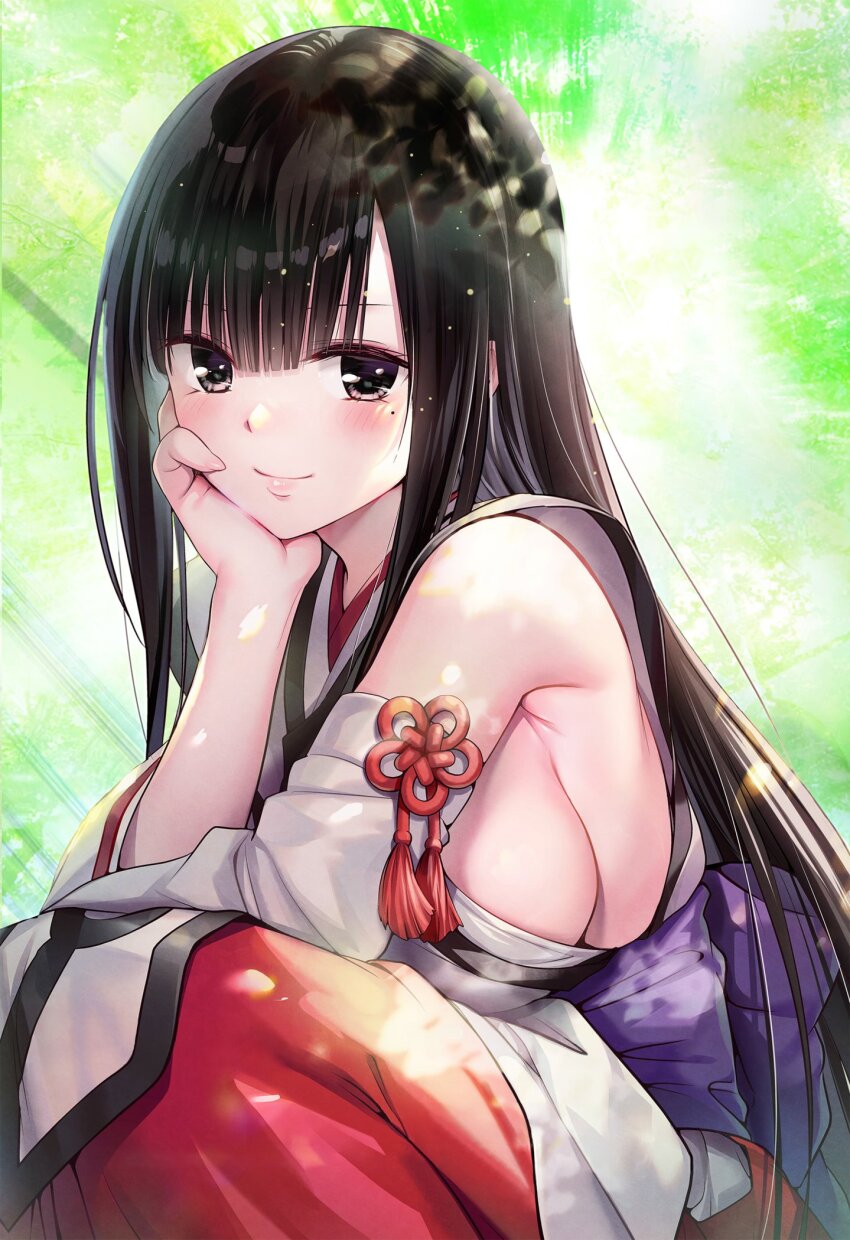 1girl ayakashi_triangle black_eyes black_hair blush breasts cleaned commentary derivative_work detached_sleeves english_commentary eyelashes happy highres hirasaka_mei_(ayatora) japanese_clothes large_breasts long_hair looking_at_viewer mole mole_under_eye momocchi18 official_art sideboob sitting smile solo yabuki_kentarou