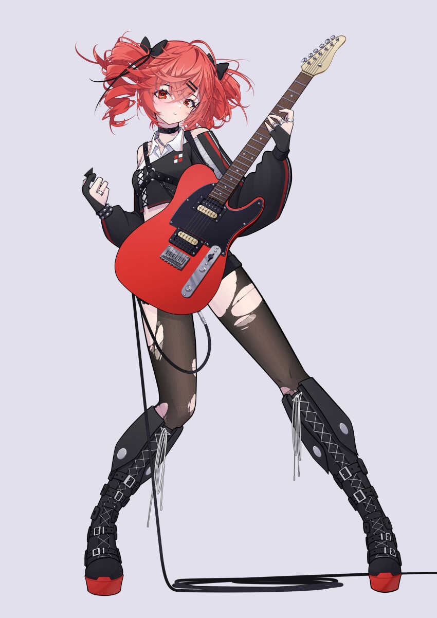 1girl absurdres black_boots black_choker black_shorts boots bow cable choker crossed_bangs double-parted_bangs drill_hair electric_guitar fold-over_boots full_body gloves grey_background guitar hair_bow hair_ornament hairpin highres instrument jewelry ji-rex kasane_teto knee_boots looking_at_viewer multiple_rings off-shoulder_shirt off_shoulder pantyhose partially_fingerless_gloves platform_boots red_eyes red_hair ring shirt short_shorts shorts simple_background solo standing torn_clothes torn_pantyhose twin_drills twintails utau