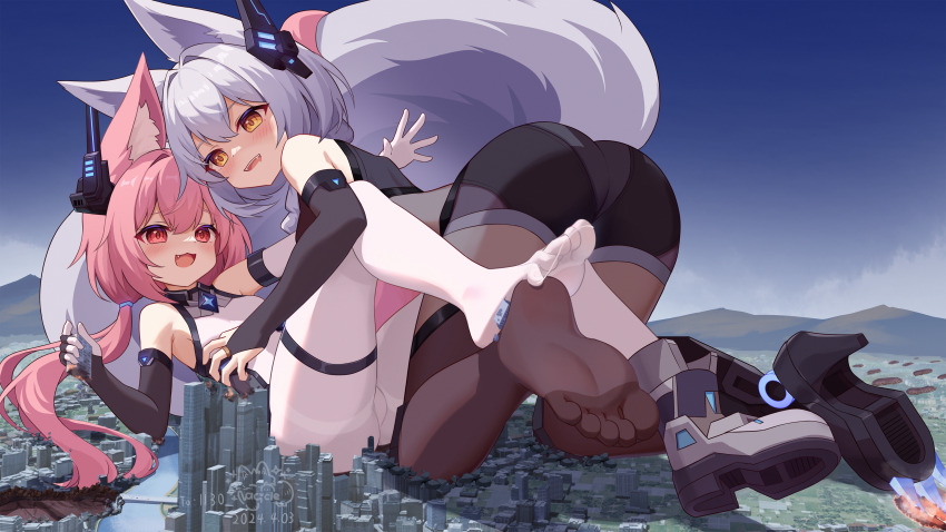 2girls :d absurdres animal_ear_fluff animal_ears arknights asymmetrical_gloves black_gloves black_shorts bodysuit breasts bridal_gauntlets brown_pantyhose crushing elbow_gloves fang fox_ears giant giantess gloves headpiece highres large_tail multiple_girls open_mouth original pantyhose pink_hair provence_(arknights) red_eyes shoes shorts single_shoe small_breasts smile soles synring97 tail thigh_strap toes twintails white_bodysuit white_gloves white_hair white_pantyhose wolf_ears wolf_girl wolf_tail yellow_eyes yuri