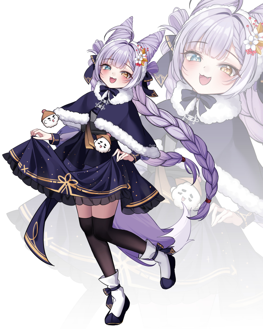 1girl absurdres black_thighhighs braid cone_hair_bun double_bun fox_girl fox_tail full_body hair_bun heterochromia highres korean_clothes long_hair long_sleeves looking_at_viewer luna_bloom open_mouth purple_footwear purple_hair simple_background smile standing stellive tail tenko_shibuki thighhighs very_long_hair virtual_youtuber white_background zoom_layer
