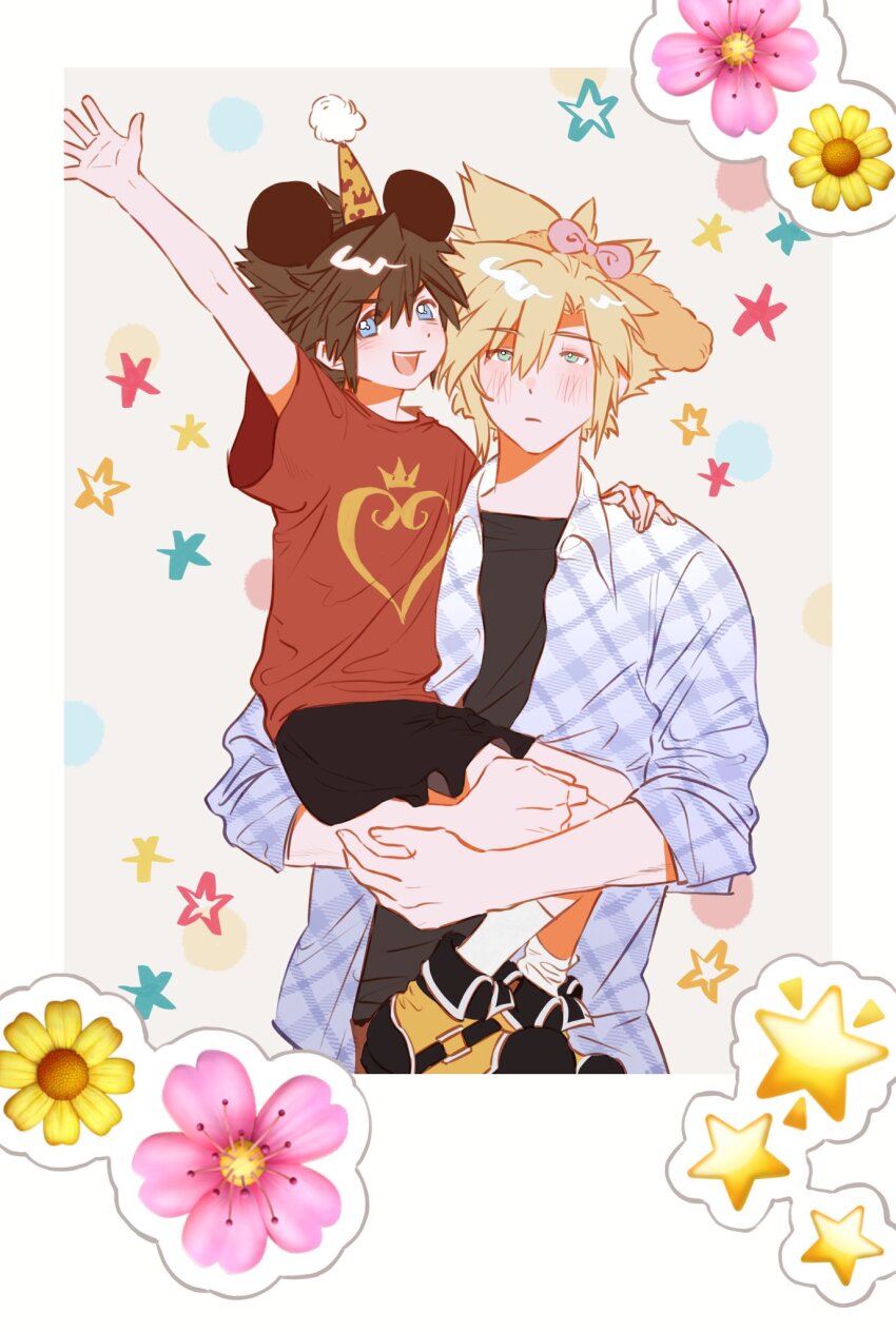 black_shirt black_shorts blonde_hair blue_eyes blush boots bow brown_hair child cloud_strife final_fantasy final_fantasy_vii flannel flower hair_between_eyes hair_bow hand_up hat highres kingdom_hearts male_focus mickey_mouse_ears open_mouth party_hat pink_bow plaid_clothes plaid_shirt print_shirt red_shirt shirt short_hair shorts sleeves_rolled_up smile sora_(kingdom_hearts) spiked_hair upper_body white_background xevir3399