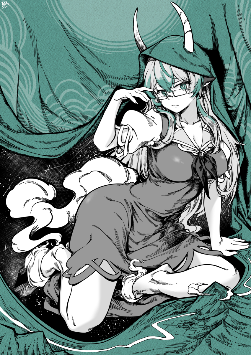 1girl animal_ears breasts chinese_commentary commentary_request ex-keine green_eyes highres horns imperishable_night interspecies kamishirasawa_keine long_hair puffy_short_sleeves puffy_sleeves qingwa_chi_she short_sleeves solo spiked_hair touhou