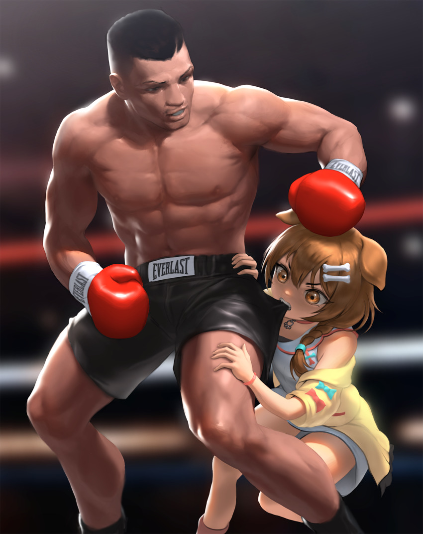 1boy 1girl animal_ears biting black_hair bone_hair_ornament boxer boxing boxing_gloves boxing_ring braid brown_hair dark-skinned_male dark_skin dog_ears dog_girl dog_tail feet_out_of_frame hair_ornament highres hololive infi inugami_korone inugami_korone_(1st_costume) looking_at_another meme mike_tyson muscular muscular_male navel nipples real_life short_hair shorts standing tail tareme tattoo toned toned_male topless_male twin_braids virtual_youtuber yellow_eyes
