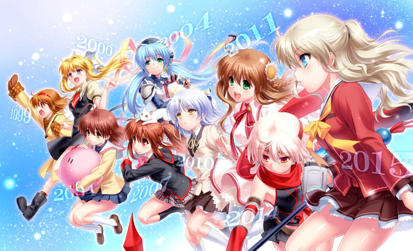 00s 10s 1990s_(style) 1999 2000 2004 2007 2010 2011 2014 2015 6+girls :d air_(visual_novel) angel_beats! animal animal_on_head antenna_hair bell black_socks blazer blonde_hair blue_eyes blue_hair blush boots bow bowtie brown_eyes brown_hair camcorder cat charlotte_(anime) clannad coat company_connection crossover dango_daikazoku flower furukawa_nagisa green_eyes hair_bell hair_flower hair_ornament hair_ribbon hairband hairclip hat headband highres hirari_minase holy_breaker! hoshino_yumemi jacket kamio_misuzu kanbe_kotori kanon key_(company) kneehighs lennon light_particles little_busters! loafers long_hair low_twintails mittens multiple_girls natsume_rin neck_ribbon on_head open_mouth outstretched_arm plaid_clothes plaid_skirt planetarian pleated_skirt ponytail puffy_sleeves red_eyes retro_artstyle rewrite ribbon rubber_boots school_uniform shoes short_sleeves sideways_mouth skirt smile socks tenshi_(angel_beats!) tomori_nao tsukimiya_ayu twintails two_side_up video_camera white_hair white_legwear wing_collar yellow_eyes zen |_|
