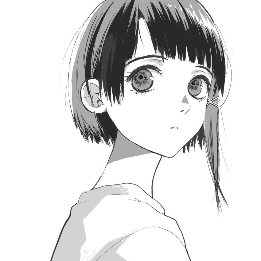 1girl asymmetrical_hair black_hair blunt_bangs close-up female_focus green_hair grey_eyes greyscale hair_ornament hairclip highres iwakura_lain looking_away looking_to_the_side monochrome parted_lips portrait serial_experiments_lain short_hair simple_background solo white_background yubi_kamii