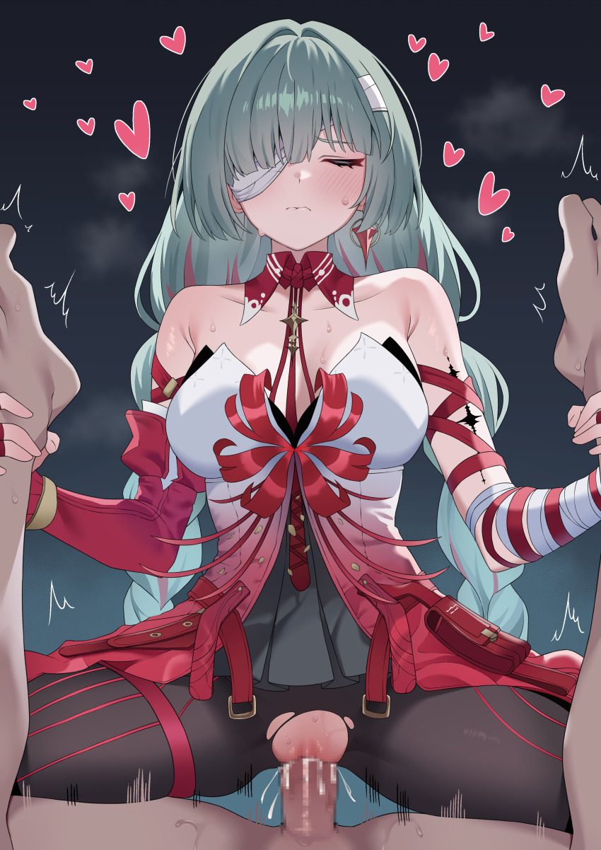 0haribo0 1boy 1girl absurdres amazon_position ankle_grab bandage_over_one_eye bandaged_arm bandages bare_shoulders biting_own_lip black_pantyhose black_skirt blush braid breasts breath censored closed_mouth clothed_sex commentary_request cum cum_in_pussy detached_sleeves dress earrings facing_viewer femdom girl_on_top grey_hair halter_dress halterneck heart hetero highres jewelry large_breasts long_hair low_twin_braids mosaic_censoring multicolored_hair pantyhose penis phrolova_(wuthering_waves) pov pussy red_dress sex single_detached_sleeve skirt streaked_hair sweat tacet_mark_(wuthering_waves) torn_clothes torn_pantyhose twin_braids twitching vaginal variant_set wuthering_waves