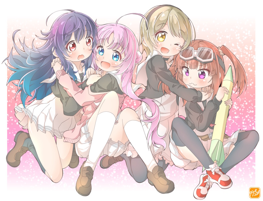 4girls akeuchi_yuu black_choker black_hairband black_socks black_thighhighs blonde_hair blue_eyes blue_hair brown_footwear brown_hair choker cropped_jacket dress fujinomisaki_school_uniform goggles gradient_hair hair_bun hair_tie hairband highres holding_rocket hoshikuzu_telepath hug kneehighs konohoshi_umika multicolored_hair multiple_girls pantyhose partially_unbuttoned pink_hair pink_sweater pleated_dress purple_eyes purple_hair raimon_matataki red_eyes red_footwear ribbon rocket sailor_collar school_uniform shoes sneakers socks sweater takaragi_haruno takecho thighhighs white_dress white_sailor_collar white_socks yellow_eyes yuri
