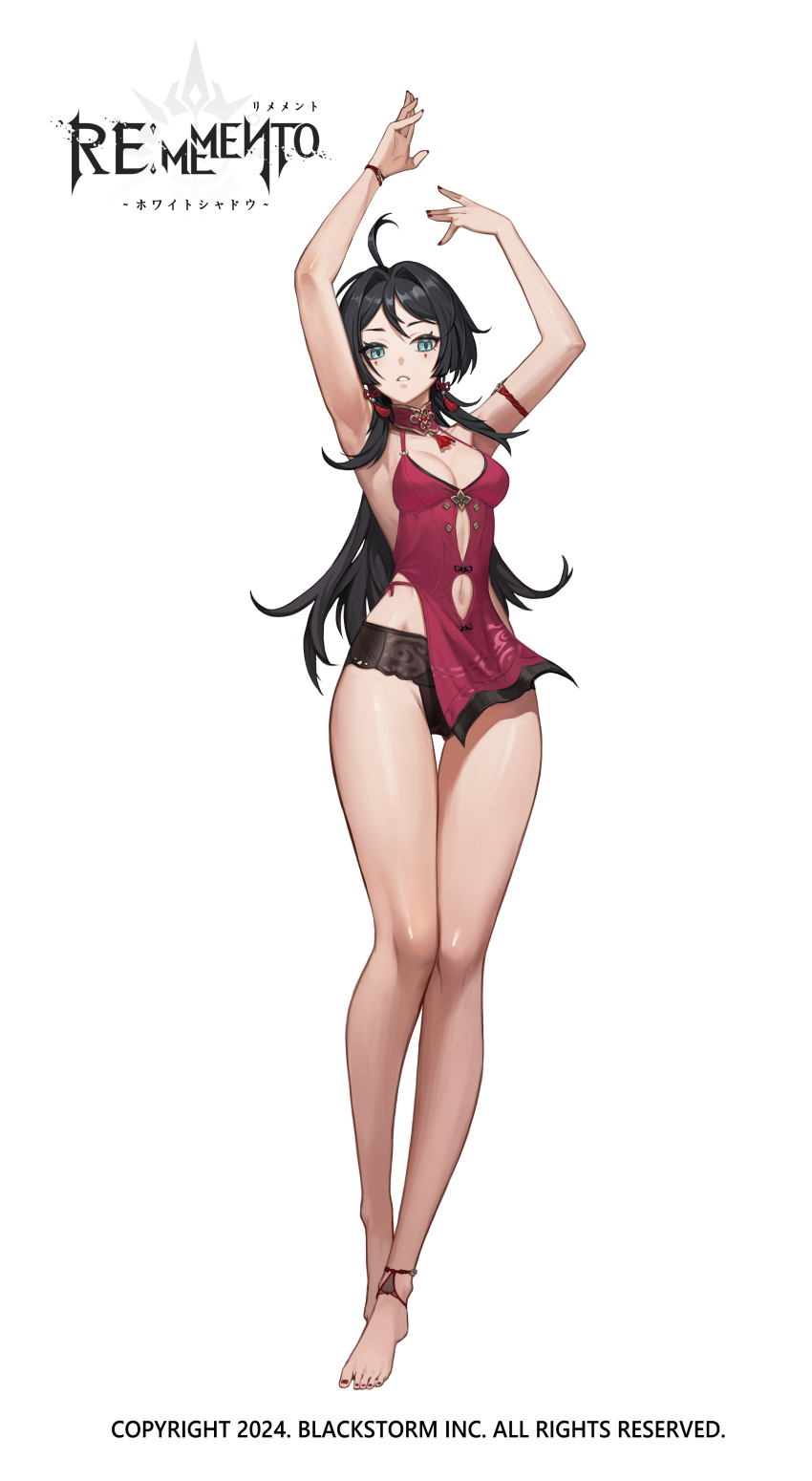 1girl absurdres ahoge aqua_eyes armpits arms_up bare_legs barefoot black_hair black_panties breasts cleavage clothing_cutout copyright_name copyright_notice dress enas_(rememento) full_body hands_up highres logo long_hair looking_at_viewer mark_under_both_eyes medium_breasts navel_cutout official_art panties parted_lips pelvic_curtain red_dress rememento:_white_shadow short_dress solo spaghetti_strap standing tachi-e underwear very_long_hair white_background