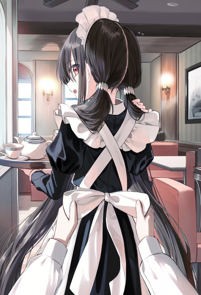 1boy 1girl 1other apron black_dress black_hair commentary_request couch cup dress frilled_apron frills from_behind hair_between_eyes hair_over_shoulder highres holding holding_tray indoors juliet_sleeves long_hair long_sleeves looking_at_viewer looking_back low_twintails maid maid_apron maid_headdress open_mouth original pentagon_(railgun_ky1206) puffy_long_sleeves puffy_sleeves red_eyes saucer shirt solo_focus table teacup teapot tray twintails very_long_hair wall_lamp white_apron white_shirt