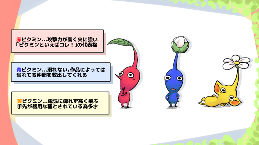 black_eyes blue_pikmin blue_skin border bud colored_skin commentary_request english_text flower hand_on_own_arm hand_on_own_cheek hand_on_own_chin hand_on_own_face hand_on_own_hip hands_on_own_hips leaf looking_at_viewer lying nintendo no_humans no_mouth on_side parody pikmin_(creature) pikmin_(series) pointy_ears pointy_nose red_pikmin red_skin shadow simple_background skirt splatoon_(series) text_focus triangle_mouth usuba_(hatomugip) white_background white_flower yellow_pikmin yellow_skirt