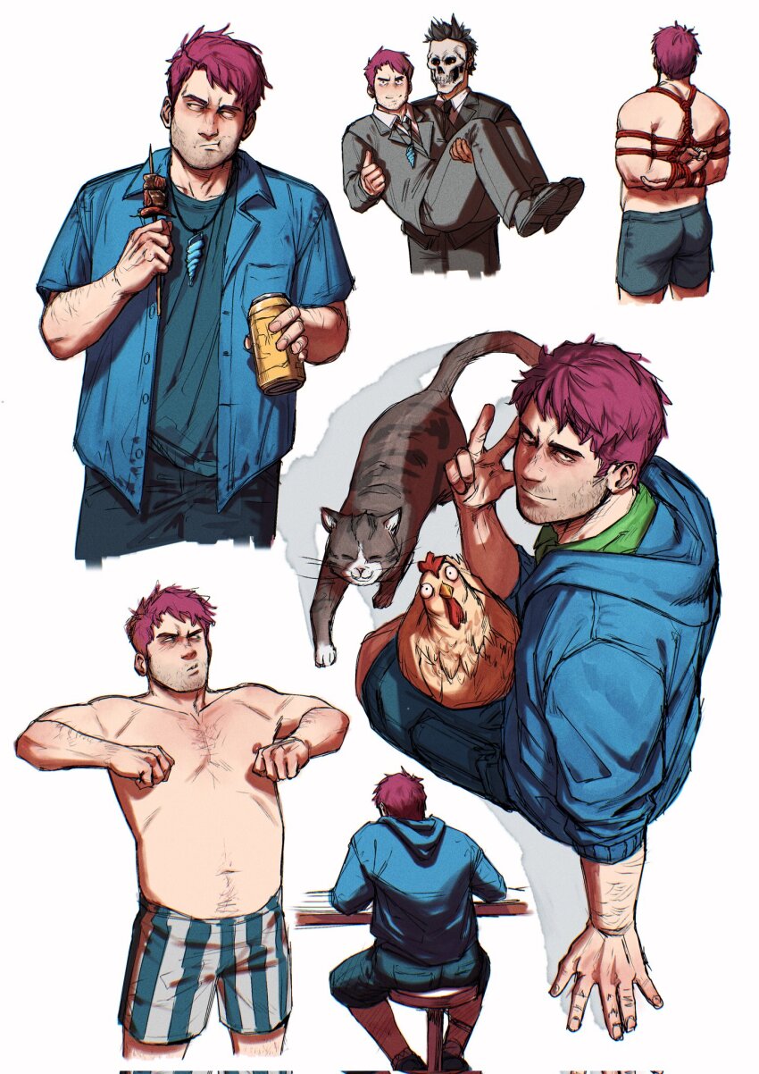 1boy ass bara bdsm beard_stubble bird bondage bound boxers cat character_request chicken collage cropped_legs facial_hair hairy highres holding holding_skewer looking_at_viewer male_focus male_underwear mask mature_male navel_hair nipples pedro_renji plump purple_hair sanpaku seductive_smile shane_(stardew_valley) shirt short_hair sitting skewer skull_mask smile smirk sparse_chest_hair standing stardew_valley stomach stubble thick_eyebrows topless_male tsurime underwear v