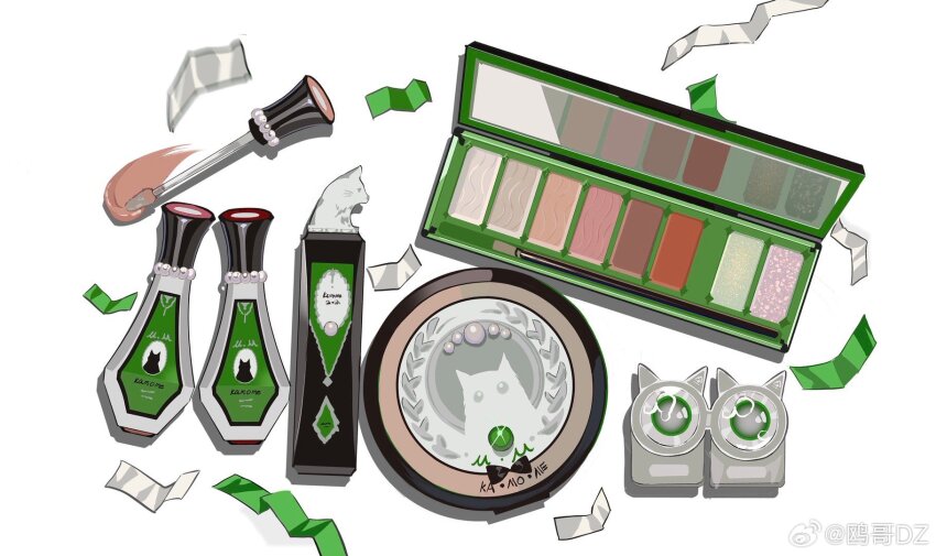 bottle chinese_commentary commentary_request compact_(cosmetics) confetti cosmetics highres makeup_brush nail_polish nail_polish_bottle nail_polish_brush no_humans object_focus original ouge_dz perfume_bottle simple_background watermark weibo_watermark white_background
