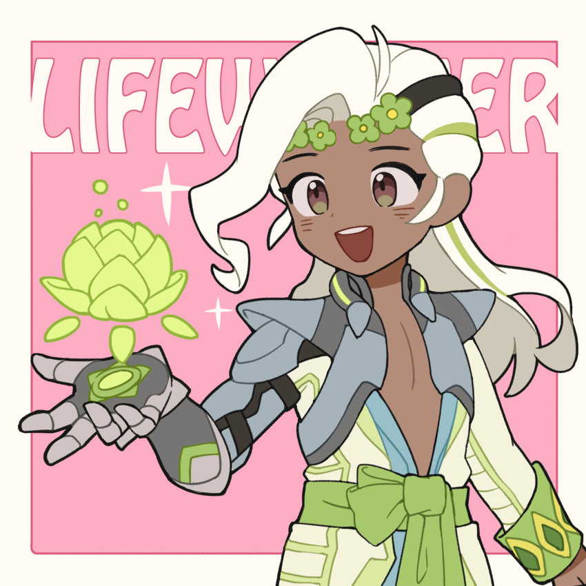 1boy arm_up blush border brown_eyes character_name commentary cowboy_shot dengcio flower flower_wreath green_flower green_sash highres lifeweaver_(overwatch) long_hair long_sleeves lotus male_focus multicolored_clothes multicolored_hair multicolored_robe open_mouth outside_border overwatch overwatch_2 prosthesis prosthetic_arm robe sash sleeve_cuffs solo sparkle streaked_hair teeth triangle_mouth upper_teeth_only white_border white_hair