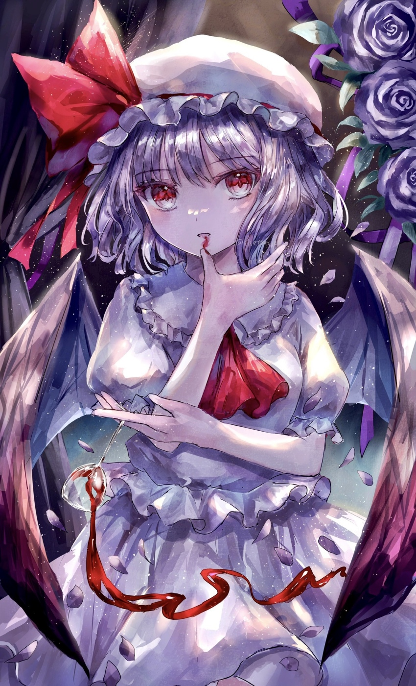 1girl alcohol ascot bat_wings blood blood_on_face blood_on_hands blue_hair collared_shirt cup curtains drinking_glass flower frilled_shirt_collar frills hair_between_eyes hat hat_ribbon highres holding holding_cup looking_at_viewer mob_cap open_mouth pink_hat pink_shirt pink_skirt puffy_short_sleeves puffy_sleeves purple_flower purple_rose red_ascot red_eyes red_ribbon remilia_scarlet ribbon rose shirt short_hair short_sleeves skirt solo suzushina touhou twitter_username upper_body wine wine_glass wings