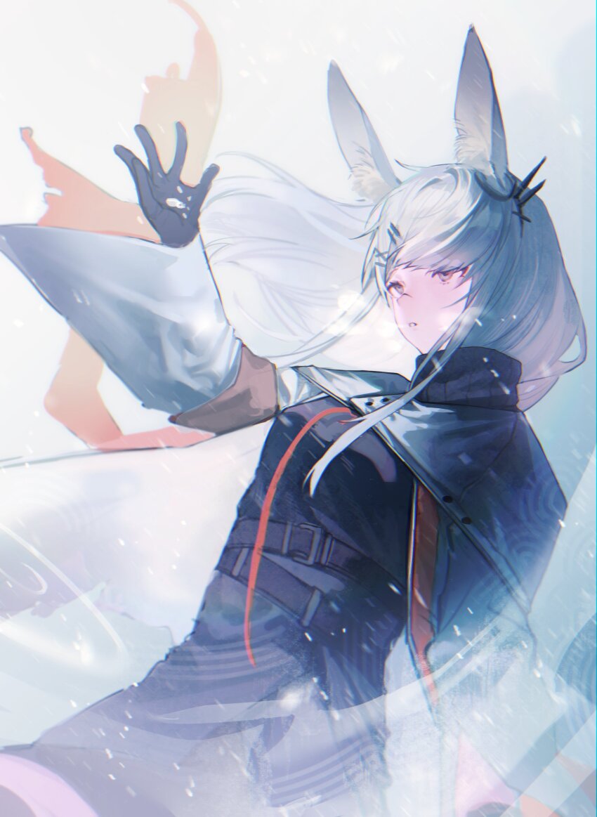 1girl absurdres animal_ears arknights arm_at_side armband black_dress cape commentary dress english_commentary frostnova_(arknights) grey_background grey_hair hand_up highres leaning_back long_hair looking_afar muted_color parted_lips purple_eyes rabbit_ears simple_background snow solo toru_3 white_cape
