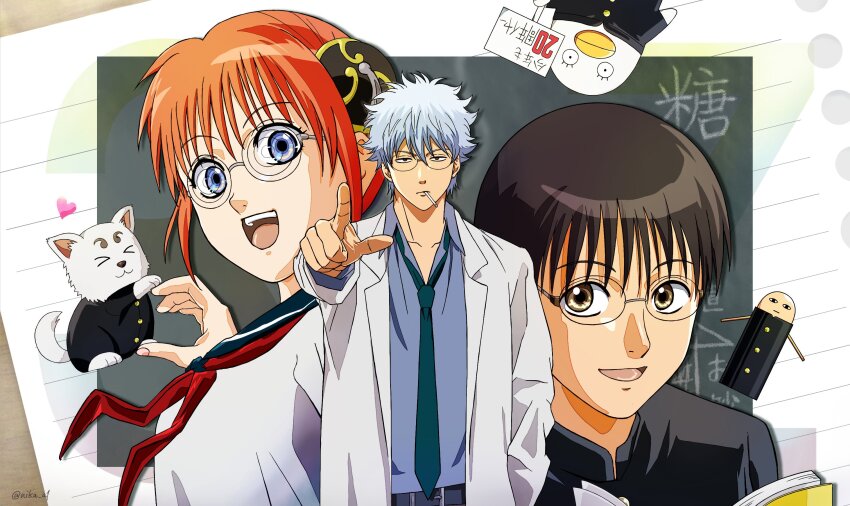 anime_coloring black_shirt blue_eyes blue_necktie blue_shirt brown_eyes brown_hair bun_cover closed_eyes coat collared_shirt elizabeth_(gintama) food food_in_mouth gintama glasses grey_hair highres kagura_(gintama) lab_coat messy_hair missing_commentary necktie nika_a1 open_mouth orange_hair pocky pocky_in_mouth pointing pointing_at_viewer sadaharu sakata_gintoki school_uniform shimura_shinpachi shirt short_hair smile white_coat