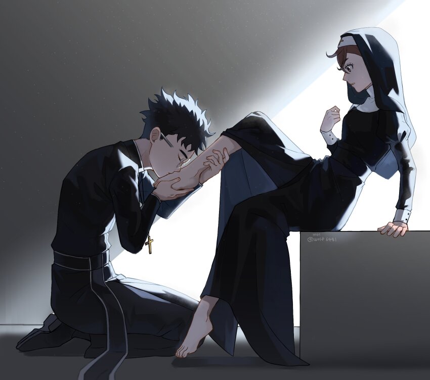 1boy 1girl artist_name ayase_momo black_hair brown_hair couple dandadan glasses highres kissing_foot nun signature takakura_ken_(dandadan) twitter_username wolf6481