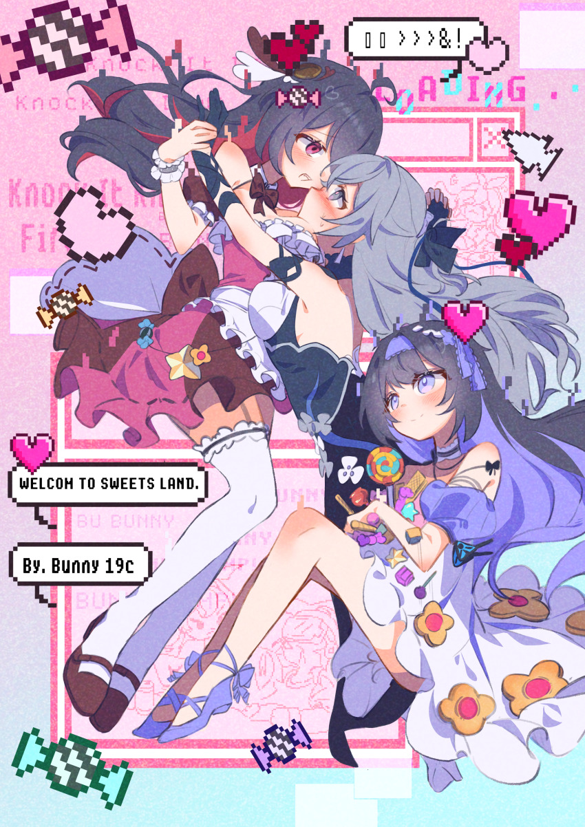 3girls absurdres ahoge apron black_gloves black_hair black_ribbon blue_eyes blue_ribbon blue_shoes blush bronya_zaychik candy commentary computer_mouse dress english_commentary english_text floating_hair food full_body gloves grey_hair hair_ribbon heart highres honkai_(series) honkai_impact_3rd lollipop long_hair maid multicolored_hair multiple_girls pic_p_p pixel_heart red_dress red_eyes red_hair red_shoes ribbon seele_(alter_ego) seele_vollerei seele_vollerei_(herrscher_of_rebirth) seele_vollerei_(starchasm_nyx) shoes sitting speech_bubble thighhighs two-tone_hair very_long_hair white_apron white_day white_thighhighs yuri