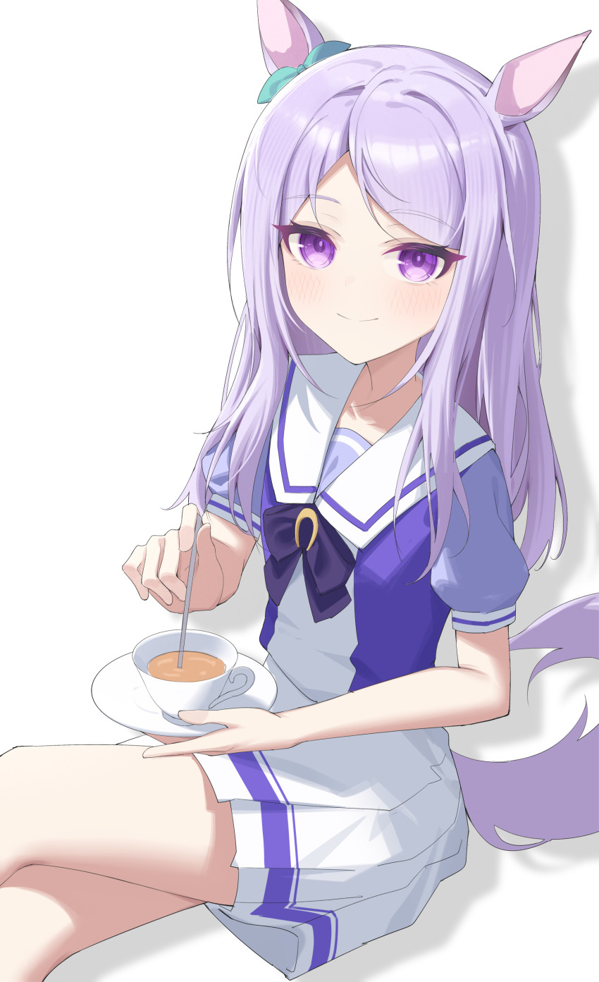 1girl absurdres animal_ears closed_mouth cup highres holding holding_plate horse_ears horse_girl jei_(user_tckk7448) long_hair looking_at_viewer mejiro_mcqueen_(umamusume) plate pleated_skirt purple_eyes purple_hair purple_shirt school_uniform shadow shirt short_sleeves simple_background sitting skirt solo tracen_training_uniform umamusume white_background white_skirt
