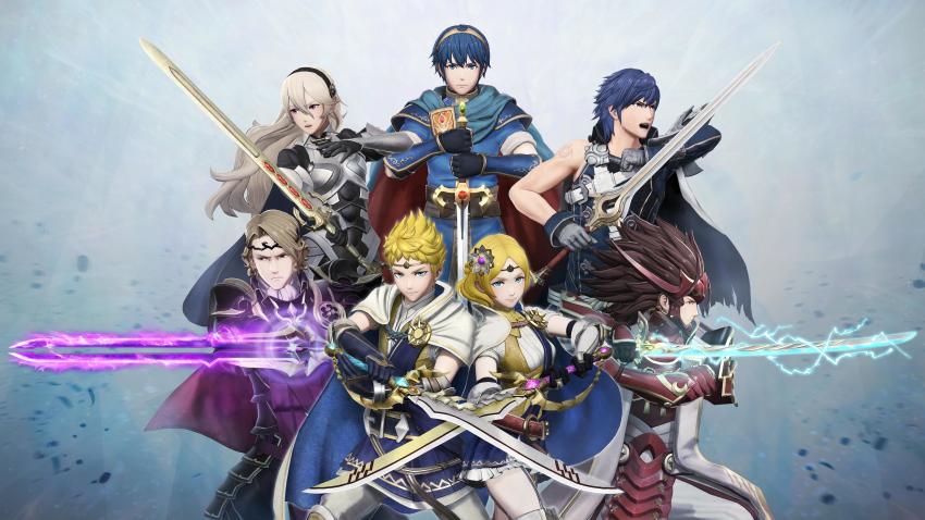 2girls 3d 5boys absurdres arm_guards armor blonde_hair blue_eyes blue_hair brother_and_sister brown_eyes brown_hair cape chrom_(fire_emblem) circlet female_corrin_(fire_emblem) electricity falchion_(fire_emblem) fire_emblem fire_emblem:_mystery_of_the_emblem fire_emblem_awakening fire_emblem_fates fire_emblem_warriors garter_straps gauntlets glowing glowing_weapon hair_ornament highres holding holding_sword holding_weapon jewelry lianna_(fire_emblem) long_hair looking_at_viewer marth_(fire_emblem) multiple_boys multiple_girls nintendo official_art open_mouth pointy_ears raijinto_(fire_emblem) red_eyes rowan_(fire_emblem) ryoma_(fire_emblem) short_hair shoulder_pads siblings siegfried_(sword) simple_background skirt sleeveless sword tiara twins weapon xander_(fire_emblem) yato_(fire_emblem)