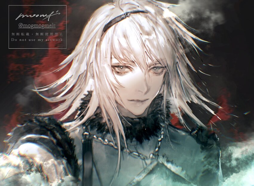 1boy aegyo_sal artist_name closed_mouth grey_eyes hair_between_eyes hashtag-only_commentary highres long_hair looking_at_viewer male_focus moony_(mogmogmelt) nier nier_(brother) nier_(series) signature solo twitter_username upper_body watermark white_hair