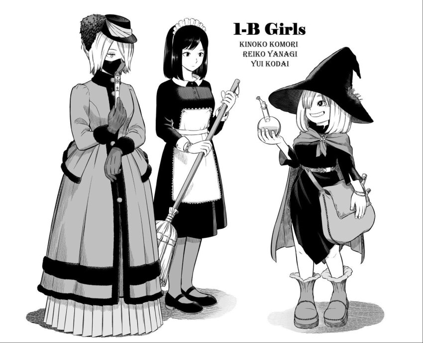 3girls :| alternate_costume ankle_boots apron arm_at_side ashihara_daisuke belt belt_bag bob_cut boku_no_hero_academia boots bracelet breasts brooch broom cape character_name closed_mouth collared_dress cotton_ball covered_face dress expressionless fan_to_mouth flask formal_clothes frills full_body fur-trimmed_dress fur-trimmed_sleeves fur_collar fur_trim gloves greyscale grin hair_over_one_eye hand_fan hand_up hands_up hat holding holding_broom holding_fan holding_flask jewelry kodai_yui komori_kinoko liquid long_sleeves looking_at_another maid maid_headdress mary_janes mask medium_breasts medium_hair monochrome mouth_mask multiple_girls pantyhose pleated_dress plume porkpie_hat round-bottom_flask shadow shoes short_hair sidelocks simple_background sleeve_cuffs small_breasts smile standing straight_hair swept_bangs symbol-shaped_pupils victorian white_background witch witch_hat x-shaped_pupils yanagi_reiko yuei_school_logo