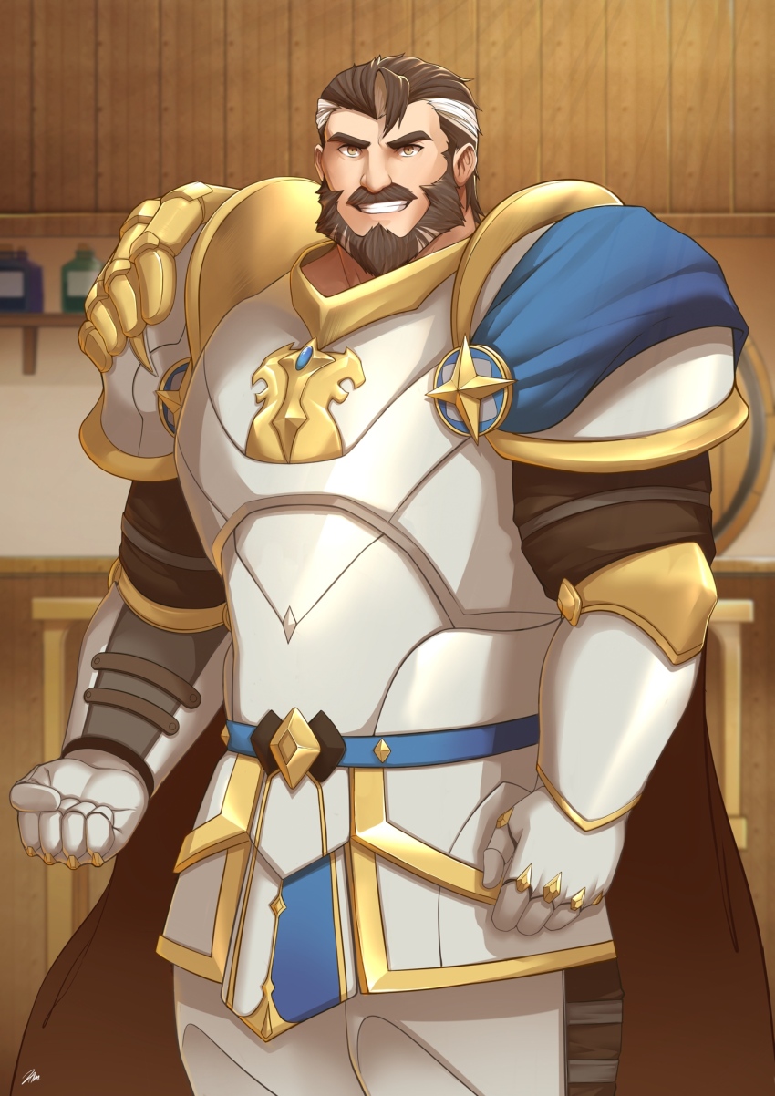1boy afk_(series) afk_journey armor beard blue_cape cape clenched_hand commentary english_commentary facial_hair gauntlets grin highres hogan_(afk) looking_at_viewer male_focus multicolored_hair mustache pauldrons shoulder_armor signature smile zammonv