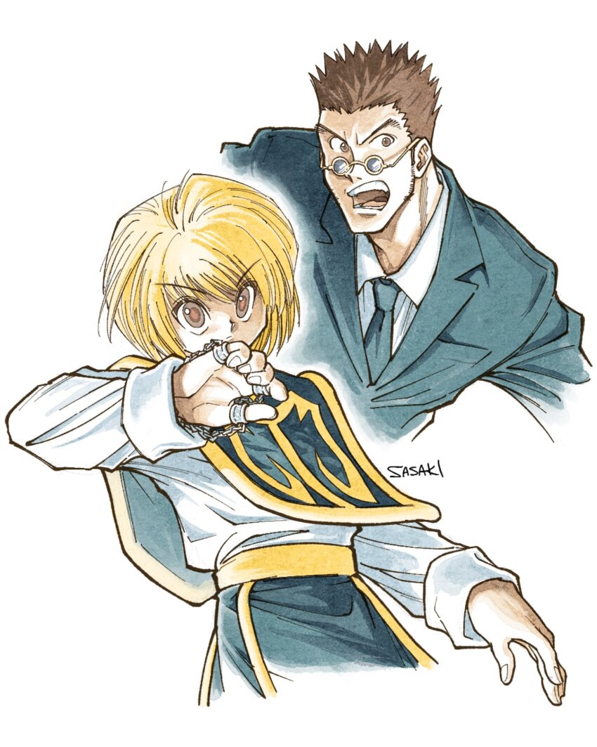 2boys androgynous black_suit blonde_hair blue_necktie brown_eyes brown_hair chain closed_mouth formal_clothes hand_chains highres hunter_x_hunter jewelry kurapika leorio_paladiknight long_sleeves looking_at_viewer male_focus multiple_boys necktie nen_(hunter_x_hunter) open_mouth ring round_eyewear sasaki_koguma shirt short_hair simple_background spiked_hair suit sunglasses upper_body white_shirt