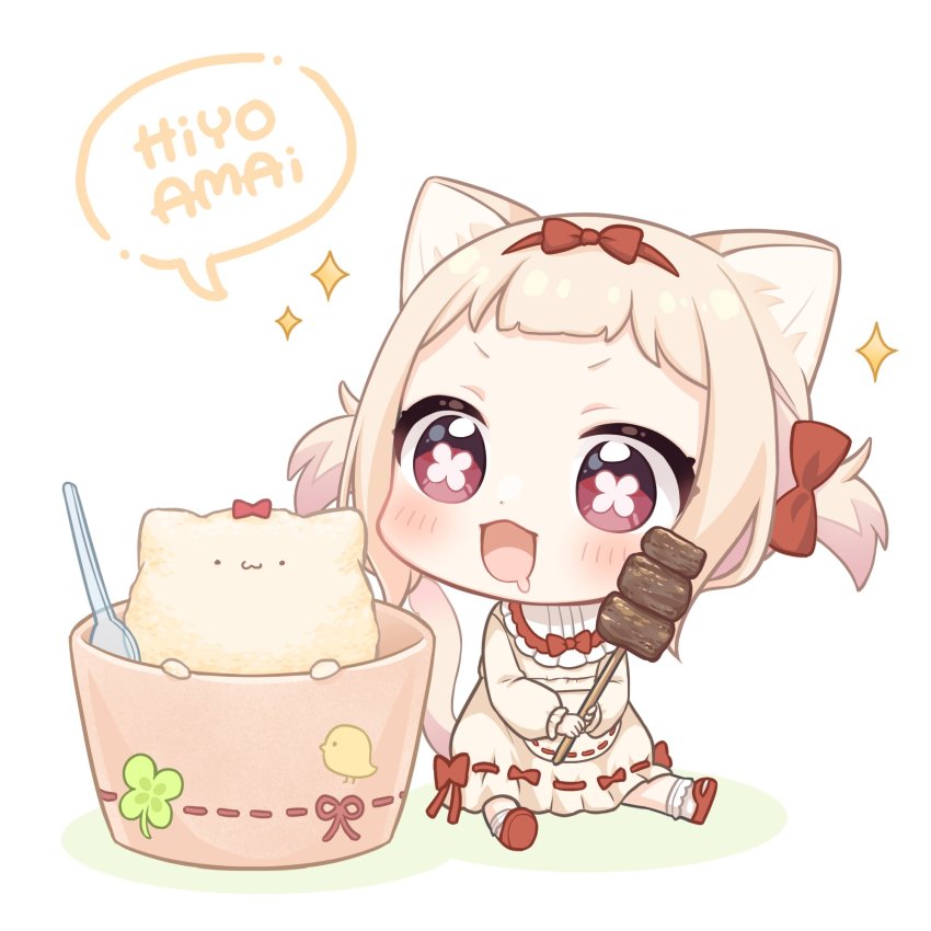 1girl :3 :d amai_hiyo animal_ears bib blonde_hair blunt_bangs bow cat_ears cat_girl cat_tail character_name chibi child closed_mouth clover_print commentary cup dot_nose duck_print ekakibito food forehead full_body hair_ornament highres holding indie_virtual_youtuber looking_at_another looking_at_viewer meat medium_hair open_mouth red_bow red_eyes red_footwear saliva short_twintails sitting smile socks solo sparkle speech_bubble spoon spread_legs tail twintails v-shaped_eyebrows virtual_youtuber
