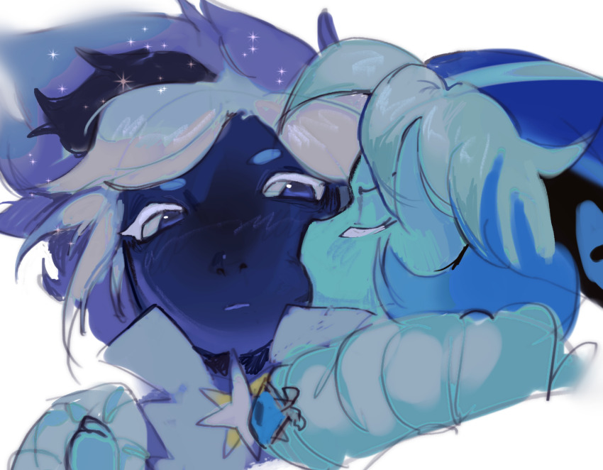 blue_eyes blue_fire blue_hair blue_skin brooch colored_skin cookie_run cookie_run:_kingdom fire humanization jewelry long_hair male_focus multicolored_hair neck_ruff shadow_milk_cookie short_hair simple_background stardust_cookie two-tone_hair upper_body very_long_hair white_hair yummy-korzh
