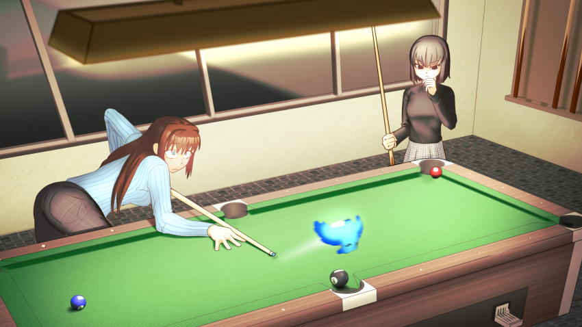 2girls aozaki_aoko ass ball billiard_ball billiards black_eyes black_hair blue_fire breasts brown_hair closed_mouth cue_stick dantonphanton dress fire green_eyes highres holding_cue_stick kuonji_alice large_breasts long_hair long_sleeves magic mahou_tsukai_no_yoru multiple_girls pool_table short_hair skirt surprised sweater table thinking window