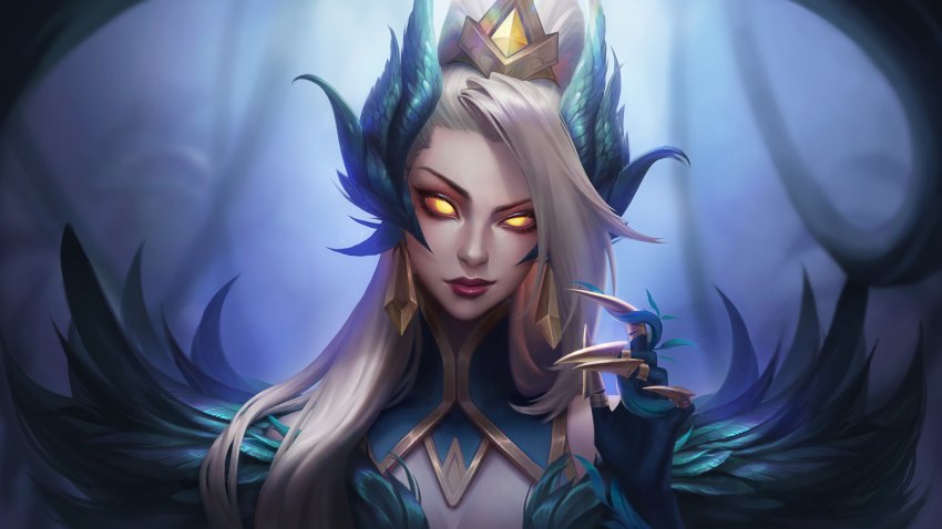 1girl absurdres backlighting bare_shoulders black_gloves blonde_hair blurry blurry_background claw_ring coven_zyra feather_trim gem gloves glowing glowing_eyes hair_ornament hand_up highres league_of_legends long_hair qinhuaiyu_(sihouette) red_lips shiny_skin smile solo yellow_eyes zyra