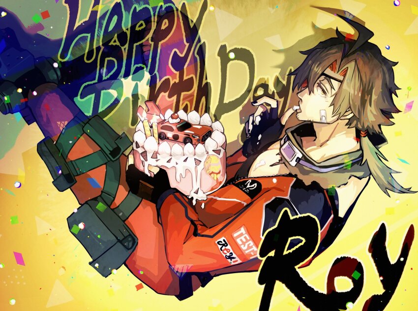 1boy ahappycatroy alchemy_stars bandaid bandaid_on_face black_gloves brown_hair cake candle character_name cherry chinese_commentary commentary_request eyepatch fingerless_gloves food fruit gloves happy_birthday highres holding holding_cake holding_food icing jumpsuit licking_own_finger looking_at_viewer male_focus ponytail profile red_jumpsuit roy_(alchemy_stars) toy_car